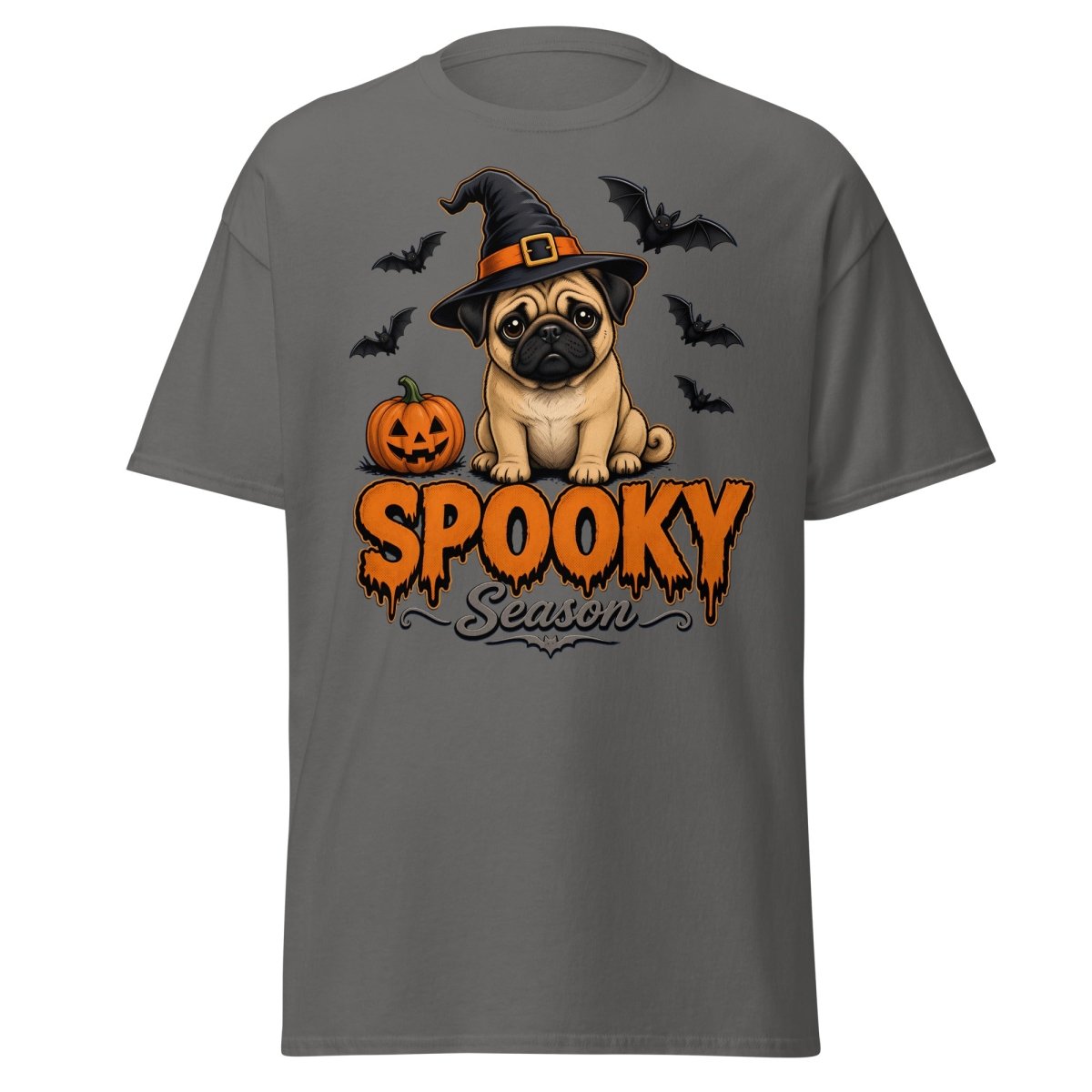 Spooky Season Witch Pug Halloween T-Shirt - Charcoal - TeeRipple