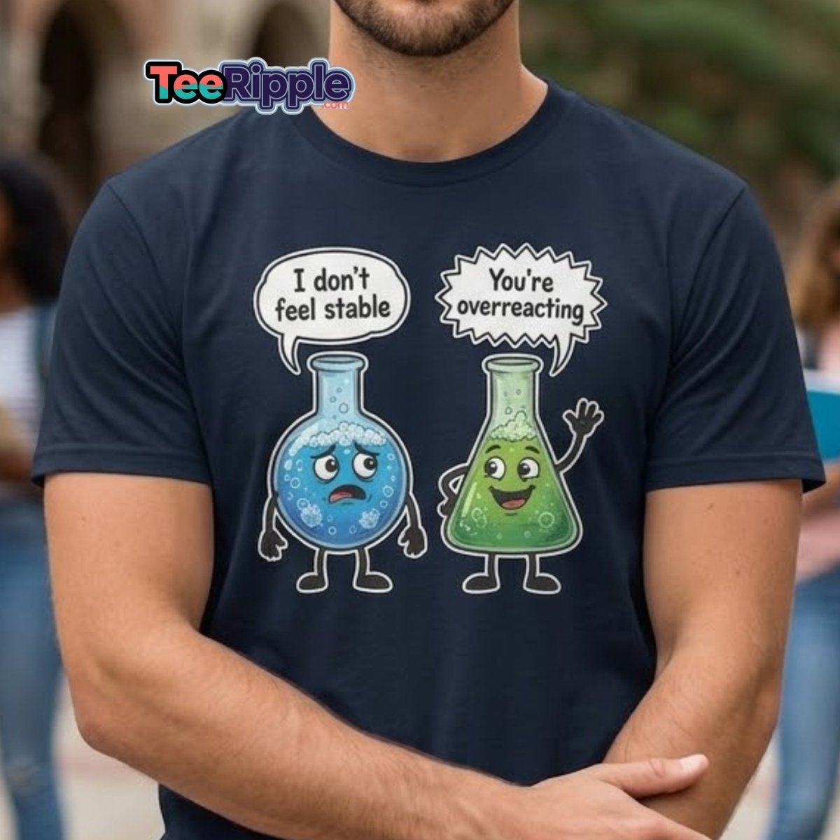 Stable vs Overreacting Chemistry Flask T-Shirt – Funny Science Pun - Maroon - TeeRipple
