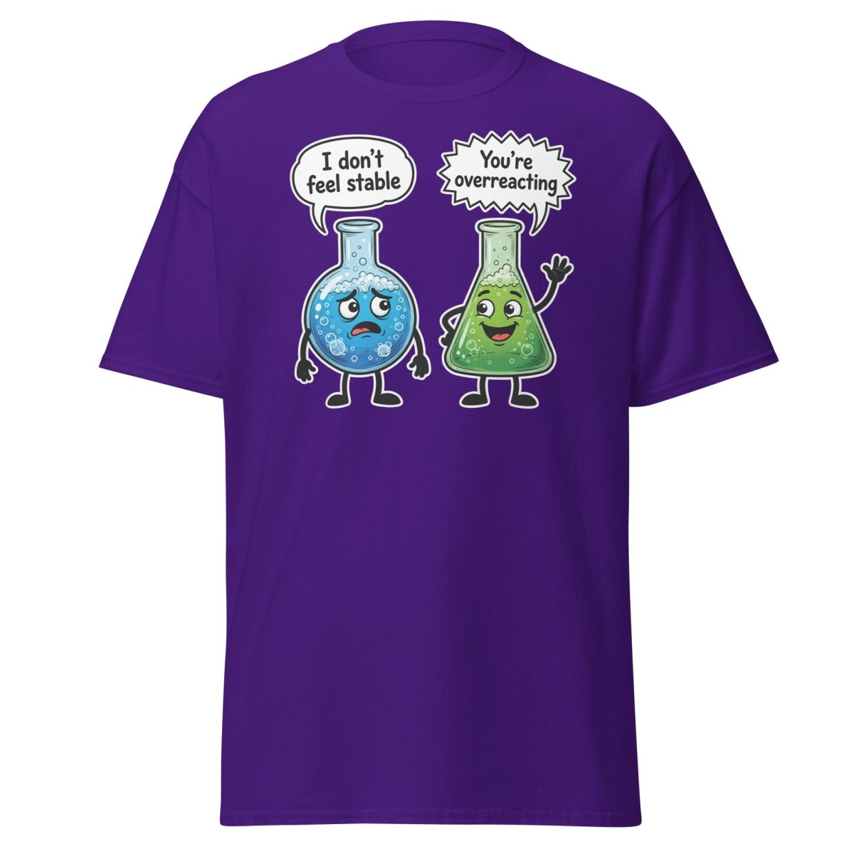Stable vs Overreacting Chemistry Flask T-Shirt – Funny Science Pun - Purple - TeeRipple