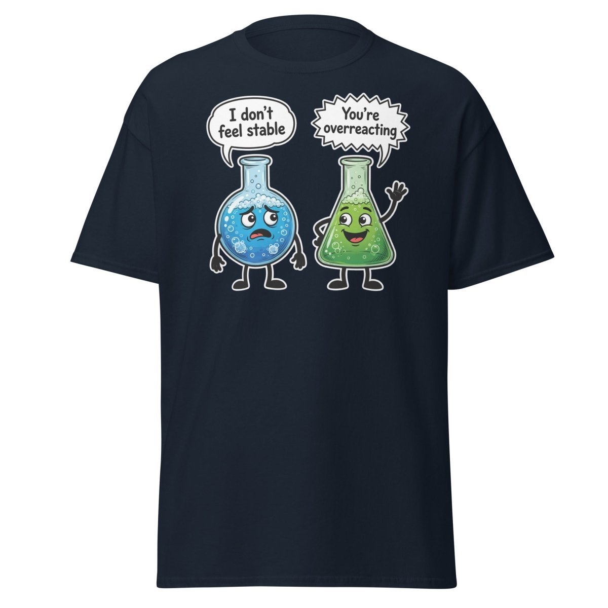 Stable vs Overreacting Chemistry Flask T-Shirt – Funny Science Pun - Navy - TeeRipple