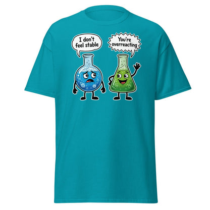 Stable vs Overreacting Chemistry Flask T-Shirt – Funny Science Pun - Tropical Blue - TeeRipple