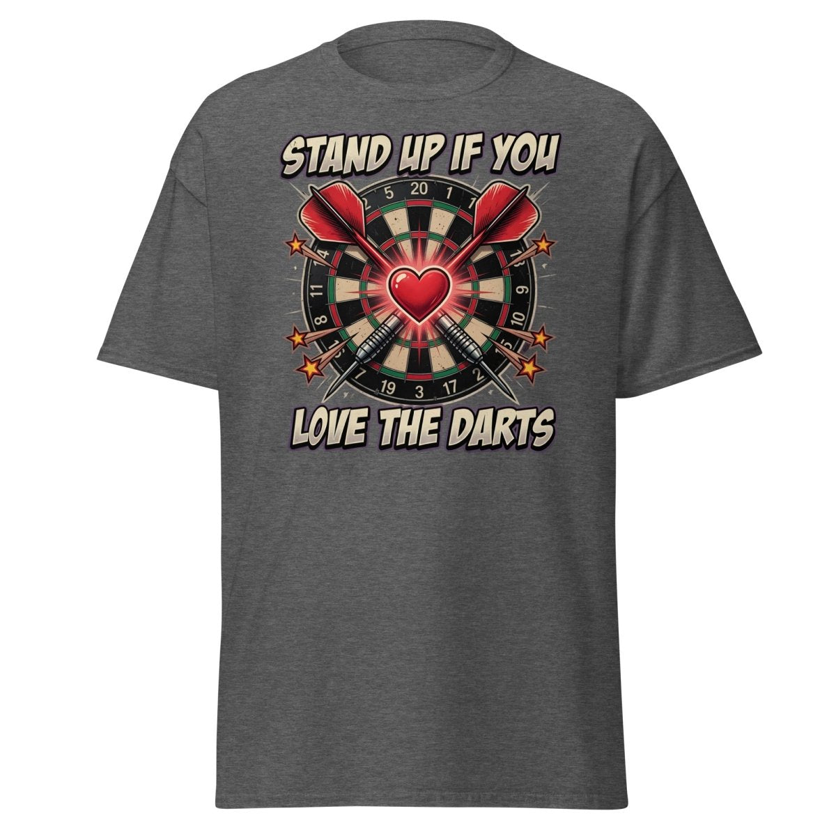 Stand Up If You Love The Darts T-Shirt | Dartboard Heart Design - Dark Heather - TeeRipple