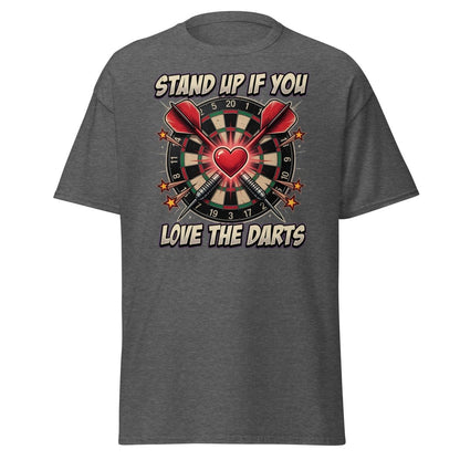 Stand Up If You Love The Darts T-Shirt | Dartboard Heart Design - Dark Heather - TeeRipple