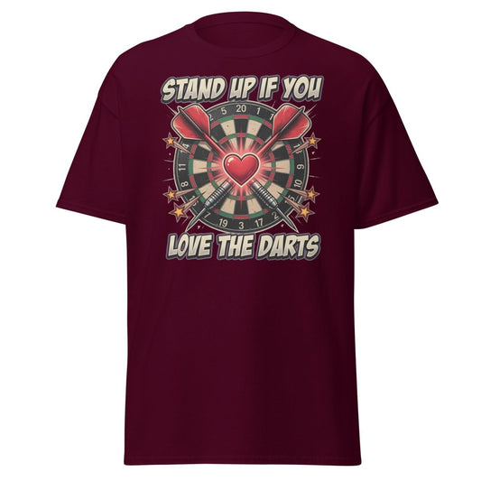 Stand Up If You Love The Darts T-Shirt | Dartboard Heart Design - Maroon - TeeRipple