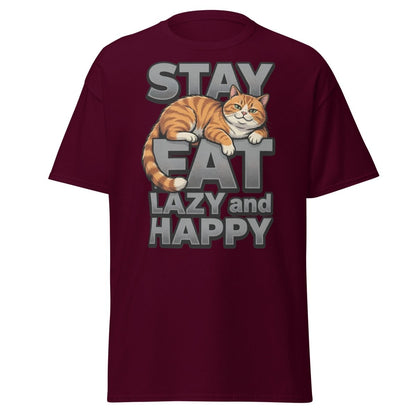 Stay Fat Lazy and Happy Cat T-Shirt | Funny Lazy Tee - Maroon - TeeRipple