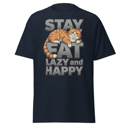 Stay Fat Lazy and Happy Cat T-Shirt | Funny Lazy Tee - Navy - TeeRipple