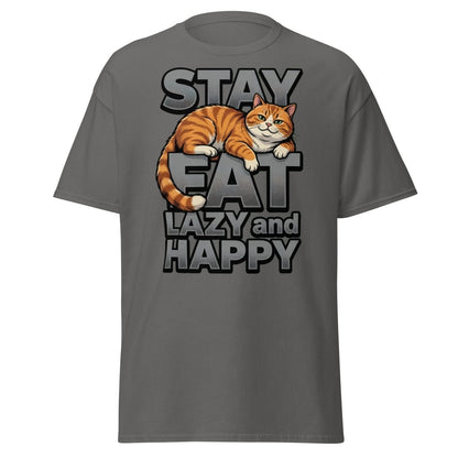 Stay Fat Lazy and Happy Cat T-Shirt | Funny Lazy Tee - Charcoal - TeeRipple