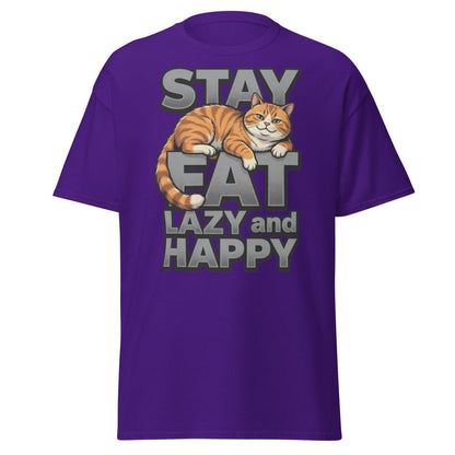 Stay Fat Lazy and Happy Cat T-Shirt | Funny Lazy Tee - Purple - TeeRipple