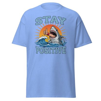 Stay Positive Shark T-Shirt - Thumbs Up Motivational Tee - Carolina Blue - TeeRipple
