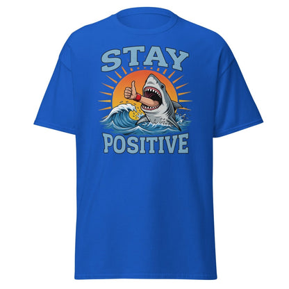 Stay Positive Shark T-Shirt - Thumbs Up Motivational Tee - Royal - TeeRipple