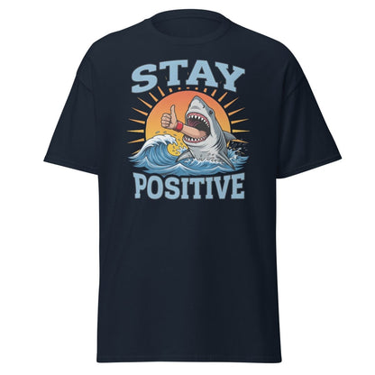 Stay Positive Shark T-Shirt - Thumbs Up Motivational Tee - Navy - TeeRipple