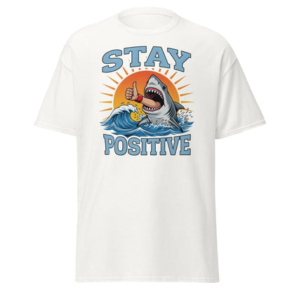 Stay Positive Shark T-Shirt - Thumbs Up Motivational Tee - White - TeeRipple