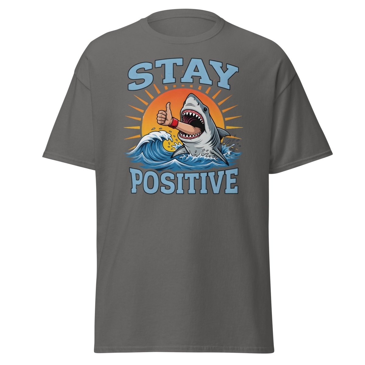 Stay Positive Shark T-Shirt - Thumbs Up Motivational Tee - Charcoal - TeeRipple