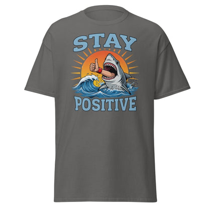 Stay Positive Shark T-Shirt - Thumbs Up Motivational Tee - Charcoal - TeeRipple