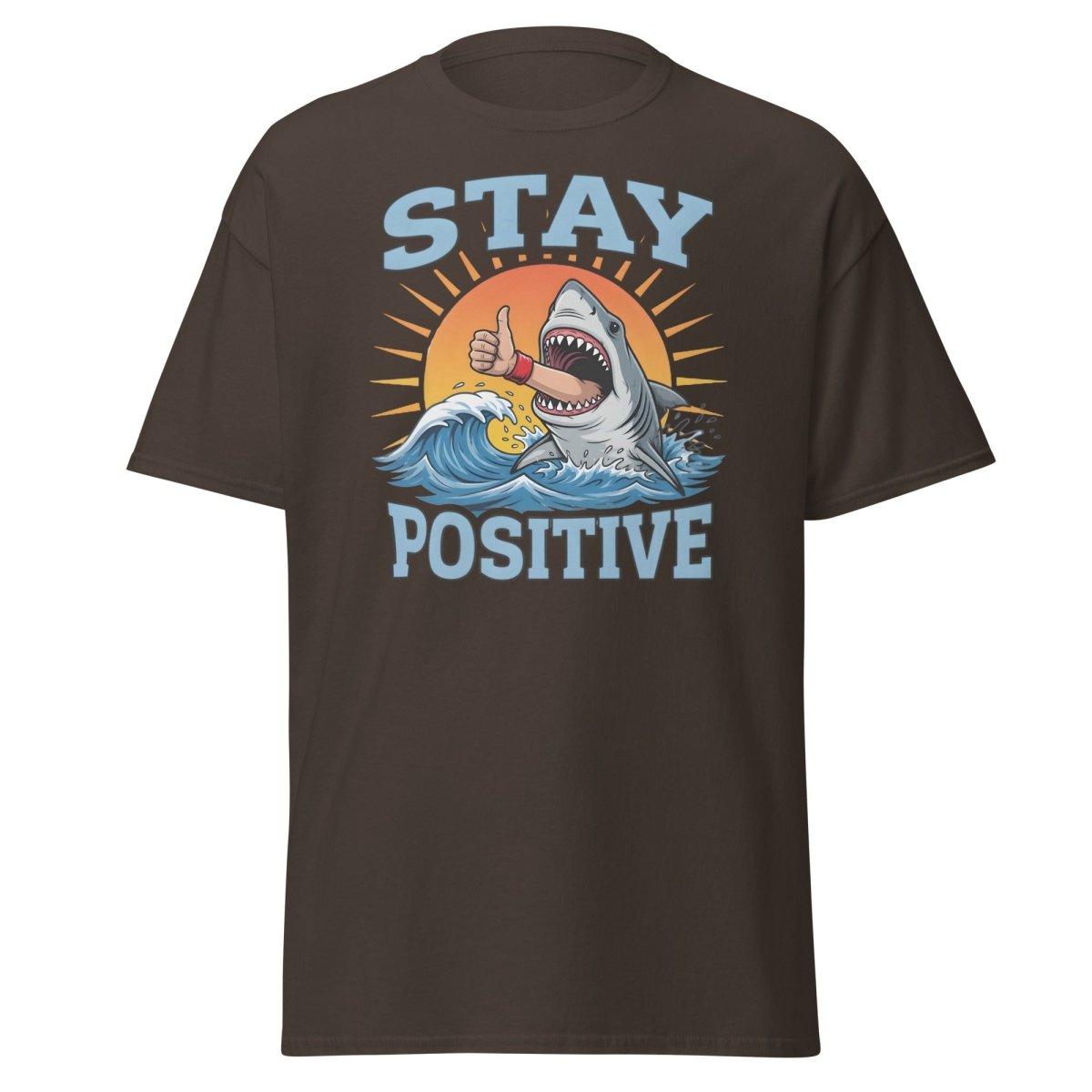 Stay Positive Shark T-Shirt - Thumbs Up Motivational Tee - Dark Chocolate - TeeRipple