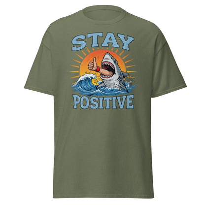 Stay Positive Shark T-Shirt - Thumbs Up Motivational Tee - Military Green - TeeRipple