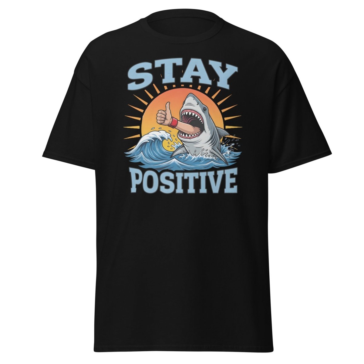 Stay Positive Shark T-Shirt - Thumbs Up Motivational Tee - Black - TeeRipple
