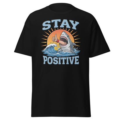 Stay Positive Shark T-Shirt - Thumbs Up Motivational Tee - Black - TeeRipple