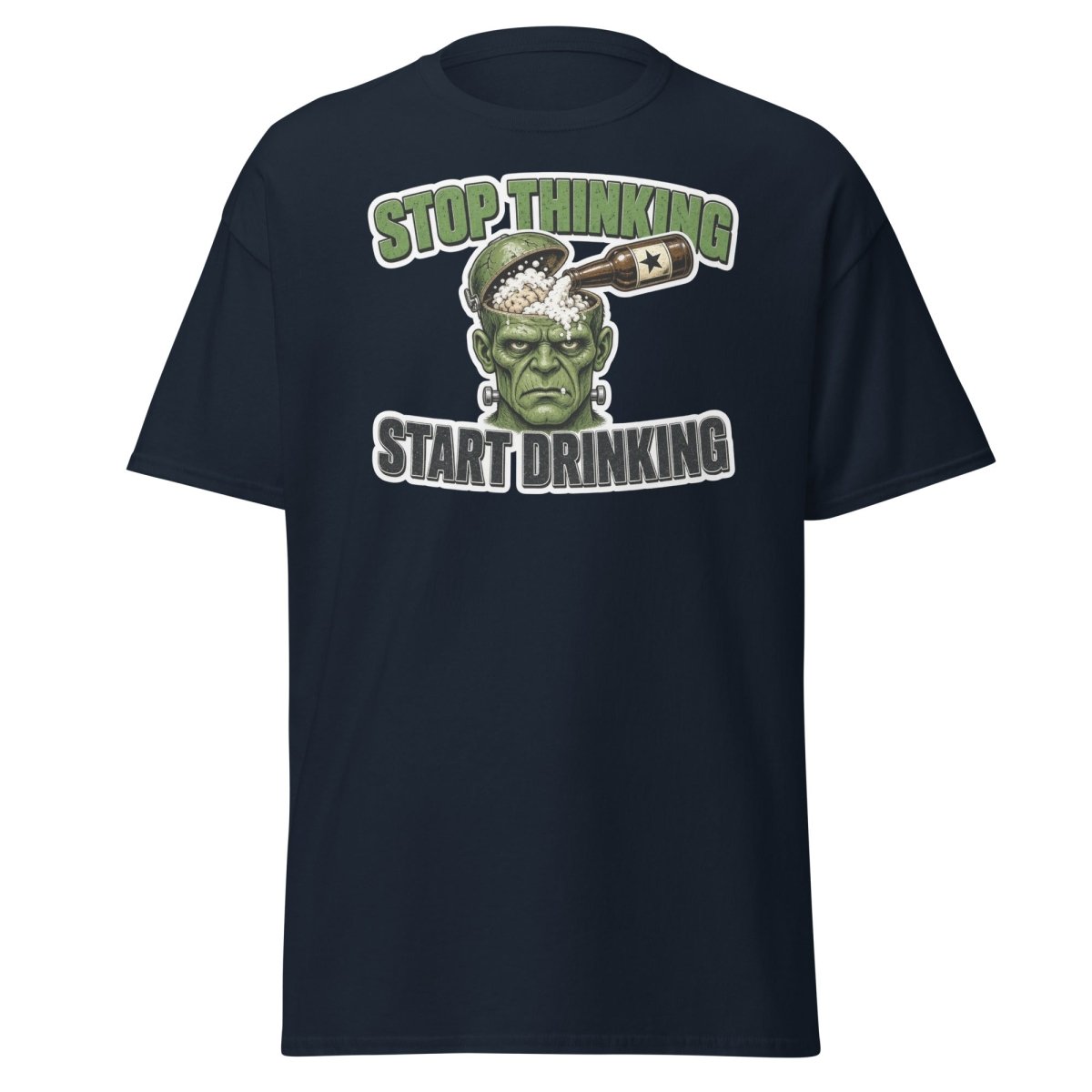 Stop Thinking Start Drinking Frankenstein Tee - Navy - TeeRipple