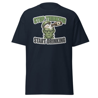 Stop Thinking Start Drinking Frankenstein Tee - Navy - TeeRipple