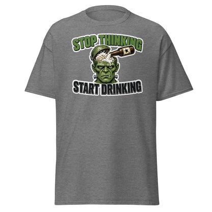 Stop Thinking Start Drinking Frankenstein Tee - Graphite Heather - TeeRipple