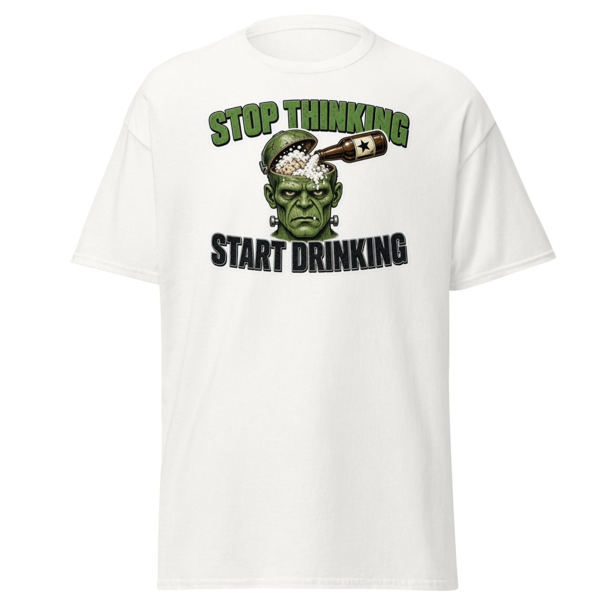 Stop Thinking Start Drinking Frankenstein Tee - White - TeeRipple