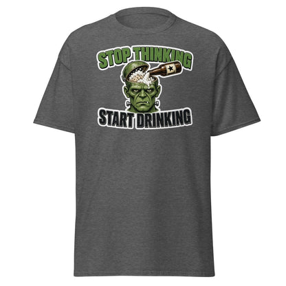 Stop Thinking Start Drinking Frankenstein Tee - Dark Heather - TeeRipple