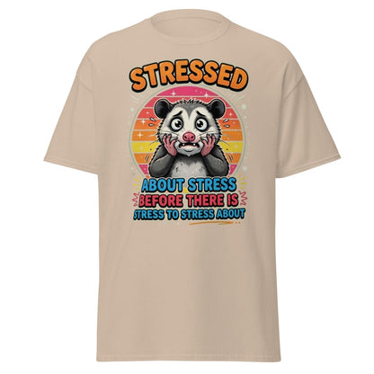 Stressed Opossum Funny T-Shirt – Anxiety Humor Tee - Sand - TeeRipple
