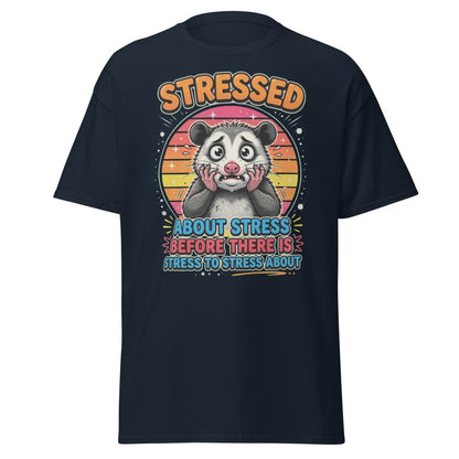 Stressed Opossum Funny T-Shirt – Anxiety Humor Tee - Navy - TeeRipple
