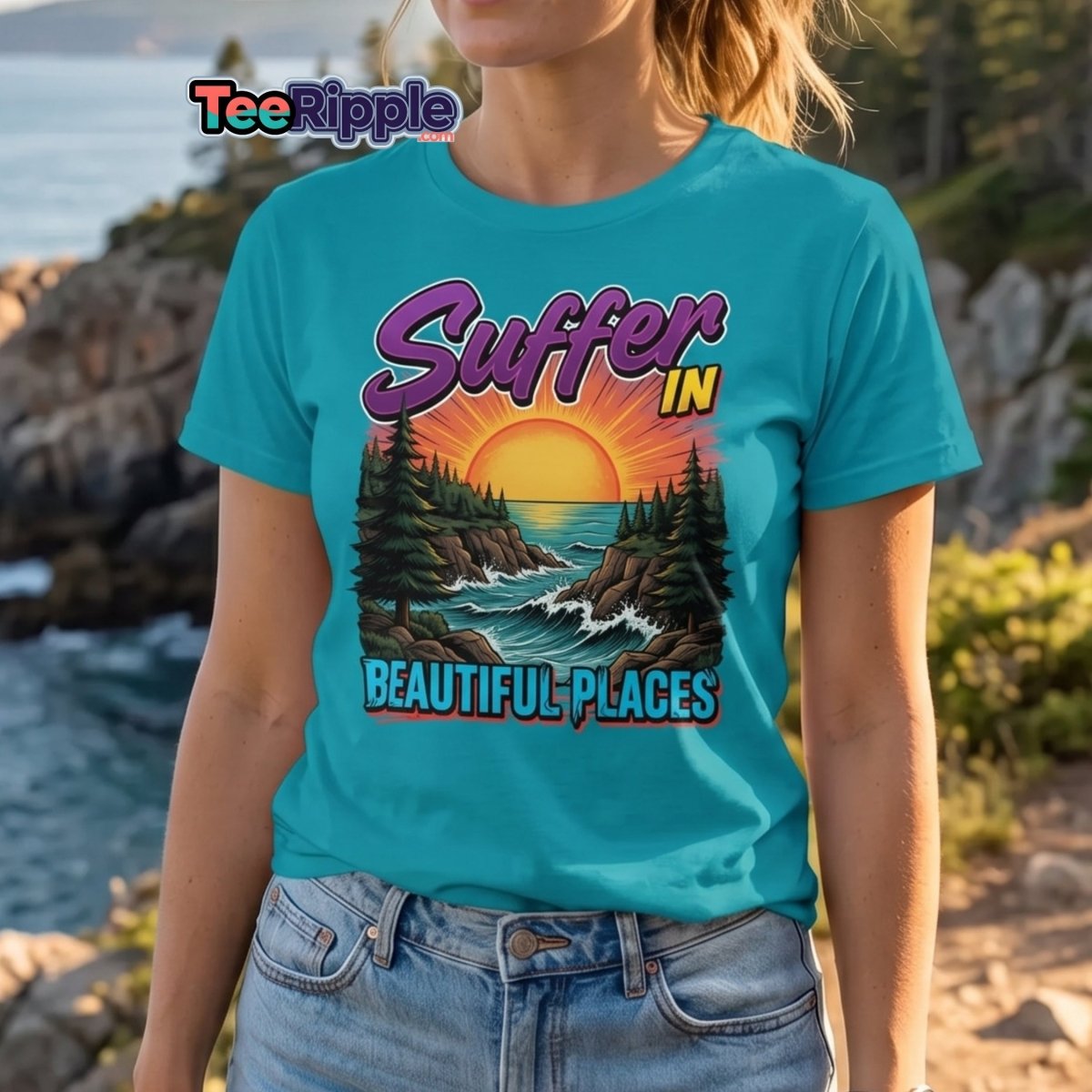 Suffer In Beautiful Places T-Shirt - Sunset Cliff Adventure Tee - Black - TeeRipple