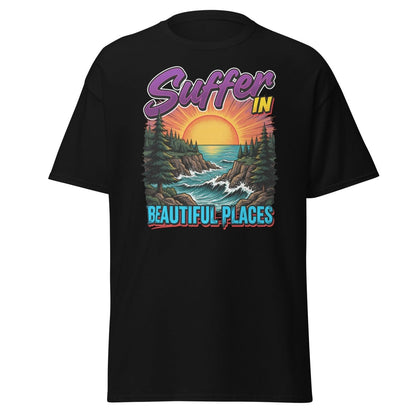 Suffer In Beautiful Places T-Shirt - Sunset Cliff Adventure Tee - Black - TeeRipple