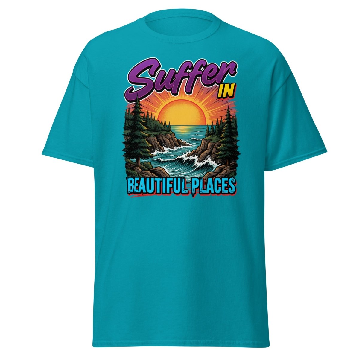 Suffer In Beautiful Places T-Shirt - Sunset Cliff Adventure Tee - Tropical Blue - TeeRipple
