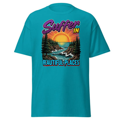 Suffer In Beautiful Places T-Shirt - Sunset Cliff Adventure Tee - Tropical Blue - TeeRipple