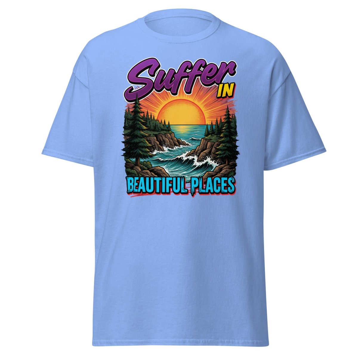Suffer In Beautiful Places T-Shirt - Sunset Cliff Adventure Tee - Carolina Blue - TeeRipple