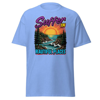 Suffer In Beautiful Places T-Shirt - Sunset Cliff Adventure Tee - Carolina Blue - TeeRipple