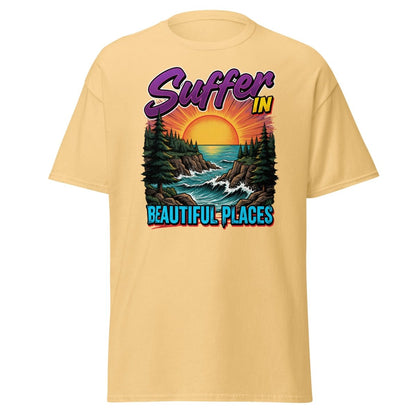 Suffer In Beautiful Places T-Shirt - Sunset Cliff Adventure Tee - Yellow Haze - TeeRipple
