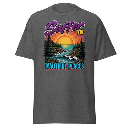 Suffer In Beautiful Places T-Shirt - Sunset Cliff Adventure Tee - Dark Heather - TeeRipple