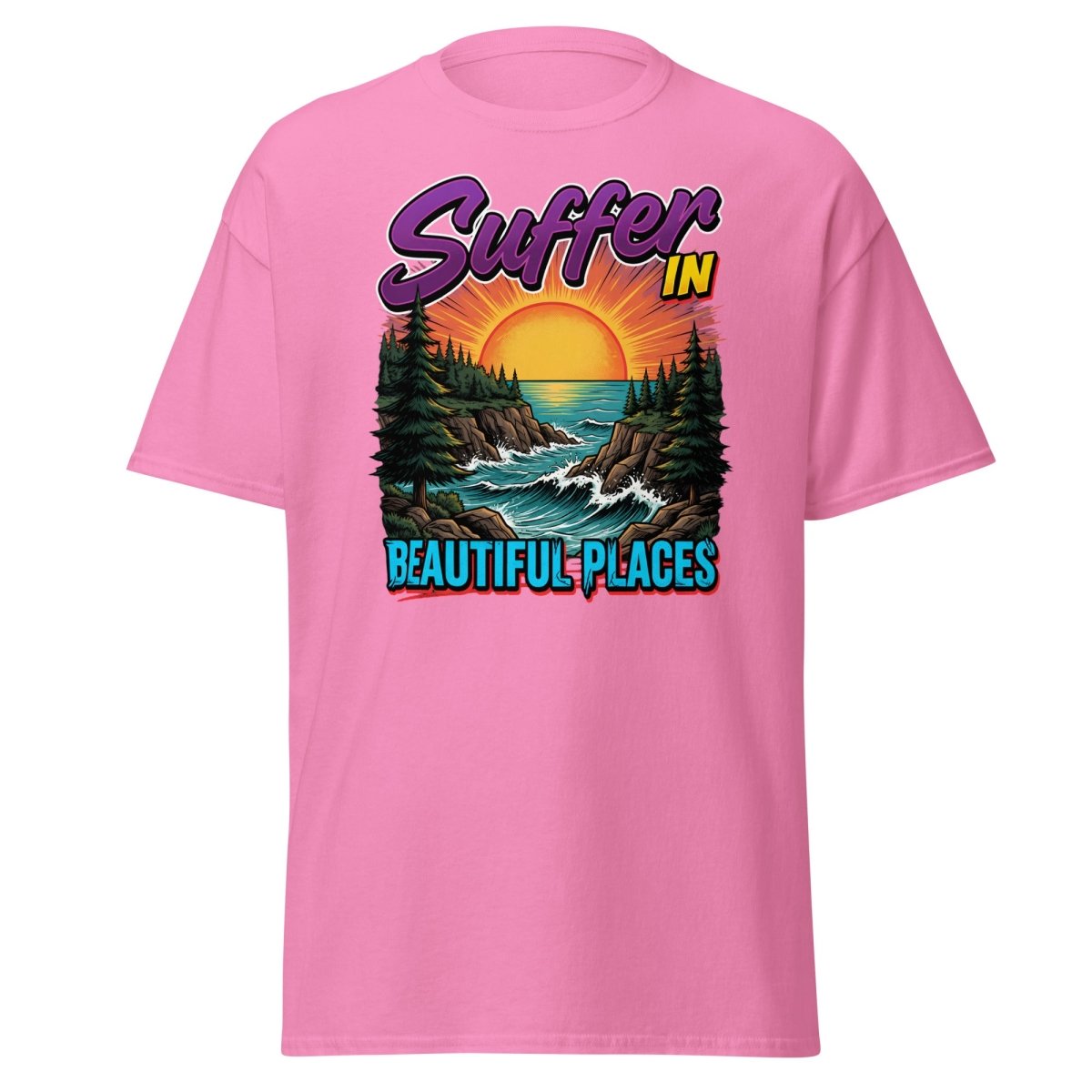 Suffer In Beautiful Places T-Shirt - Sunset Cliff Adventure Tee - Azalea - TeeRipple