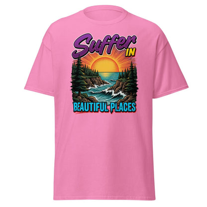 Suffer In Beautiful Places T-Shirt - Sunset Cliff Adventure Tee - Azalea - TeeRipple