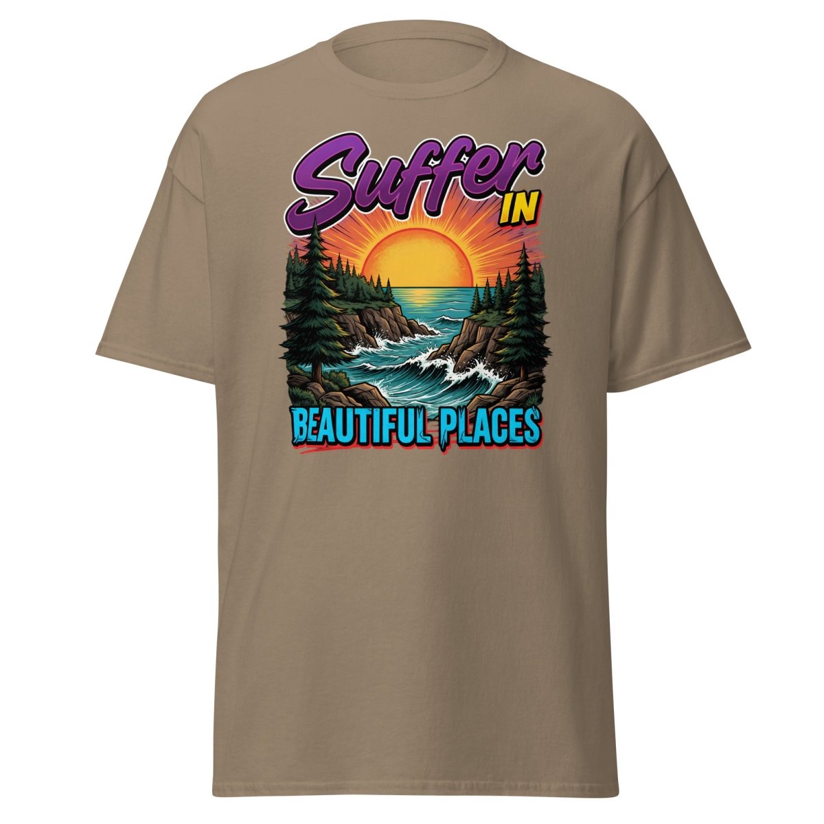 Suffer In Beautiful Places T-Shirt - Sunset Cliff Adventure Tee - Brown Savana - TeeRipple