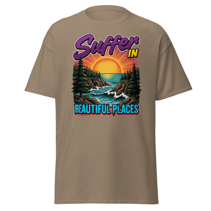 Suffer In Beautiful Places T-Shirt - Sunset Cliff Adventure Tee - Brown Savana - TeeRipple