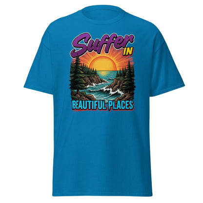 Suffer In Beautiful Places T-Shirt - Sunset Cliff Adventure Tee - Sapphire - TeeRipple
