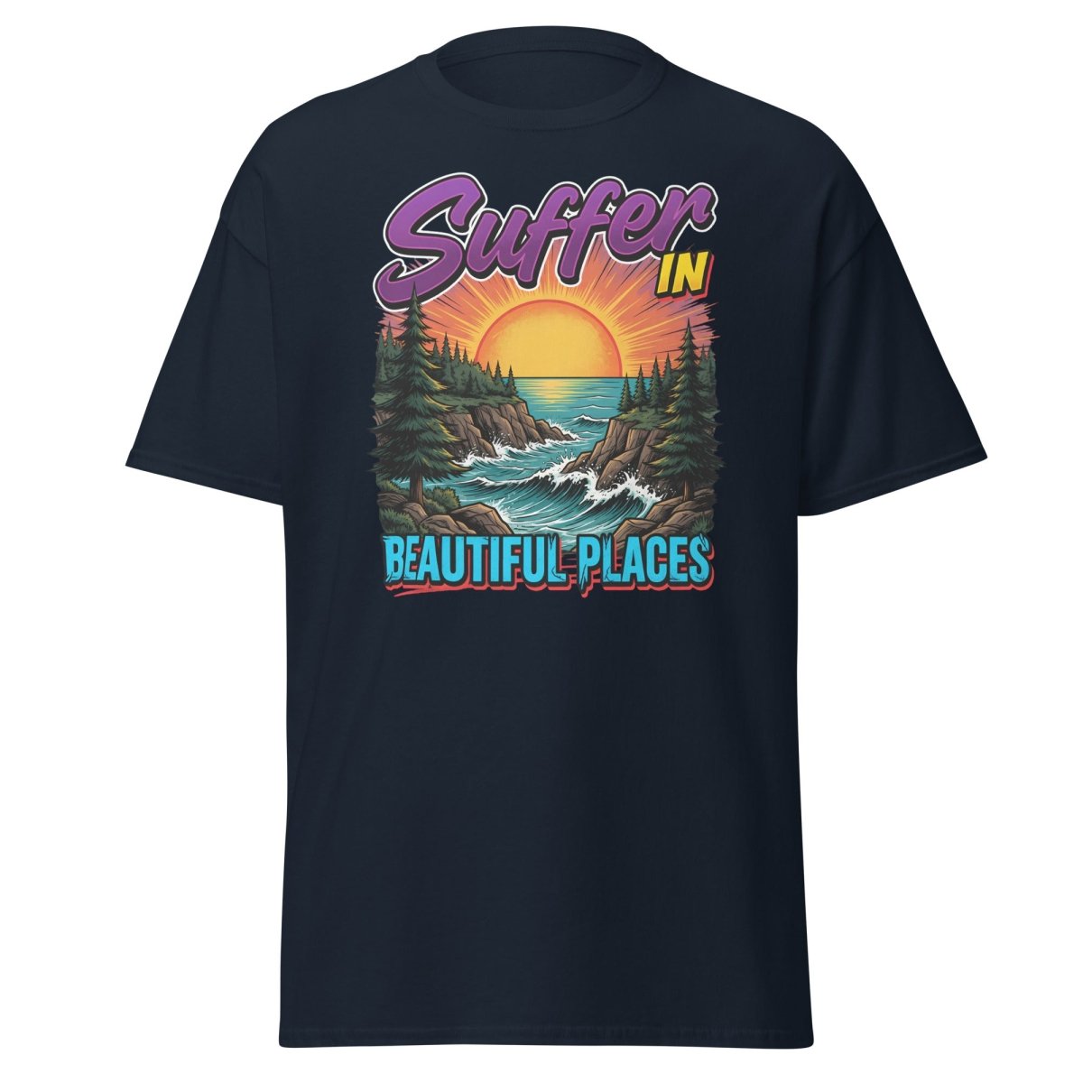 Suffer In Beautiful Places T-Shirt - Sunset Cliff Adventure Tee - Navy - TeeRipple