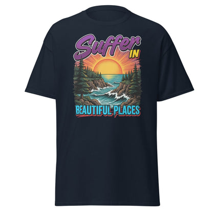 Suffer In Beautiful Places T-Shirt - Sunset Cliff Adventure Tee - Navy - TeeRipple