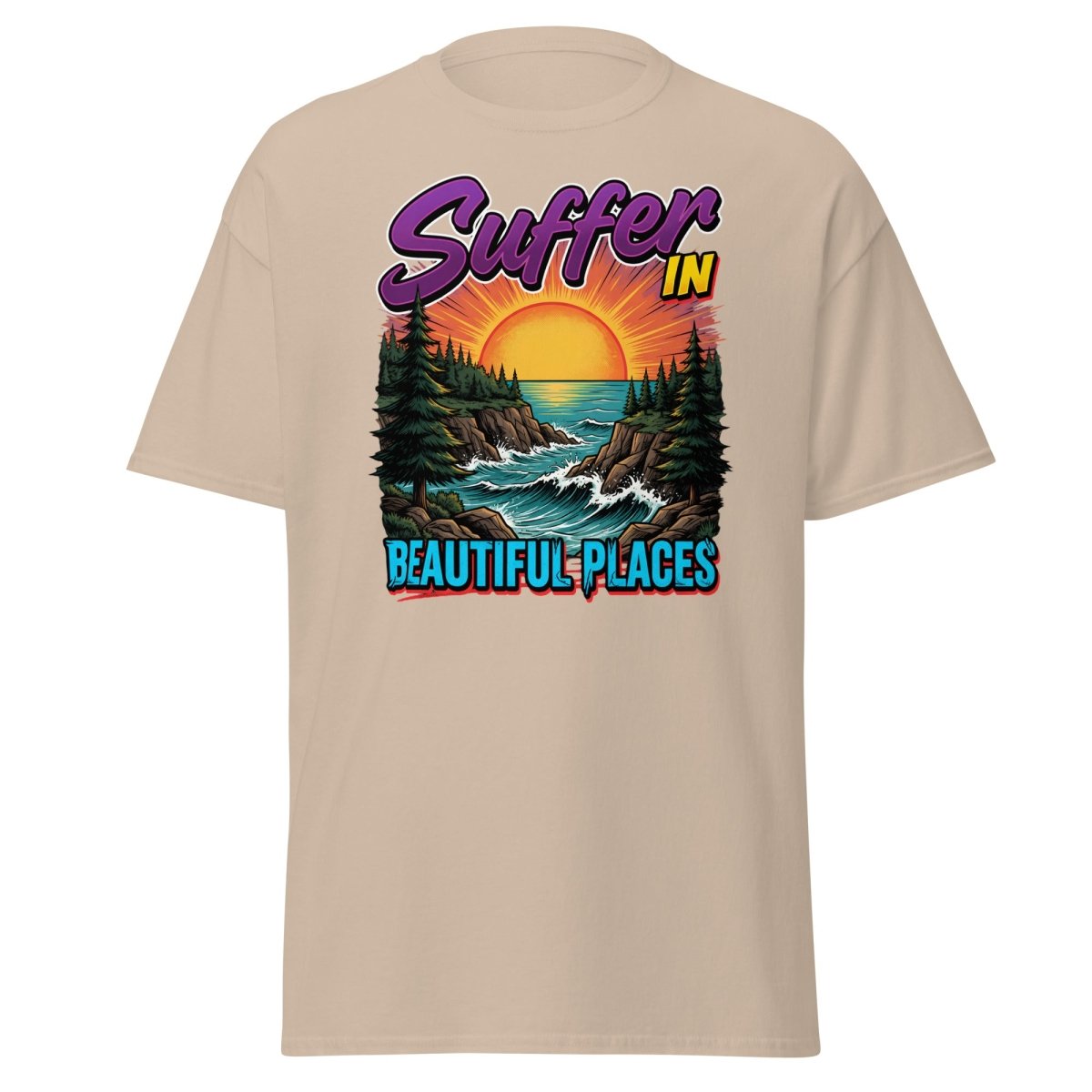 Suffer In Beautiful Places T-Shirt - Sunset Cliff Adventure Tee - Sand - TeeRipple