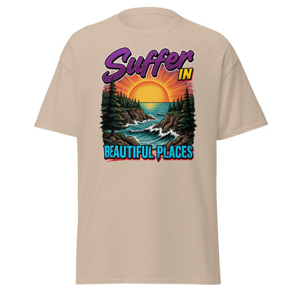 Suffer In Beautiful Places T-Shirt - Sunset Cliff Adventure Tee - Sand - TeeRipple