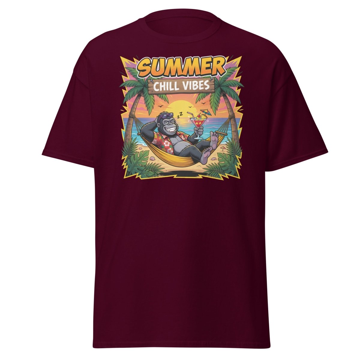Summer Chill Vibes Gorilla T-Shirt - Maroon - TeeRipple