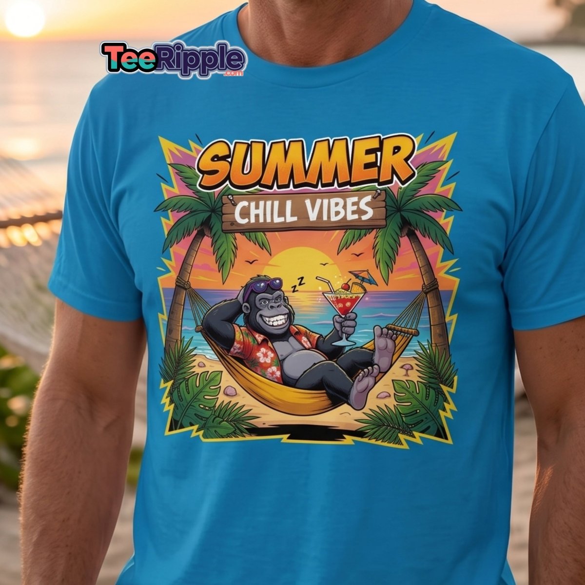 Summer Chill Vibes Gorilla T-Shirt - Maroon - TeeRipple