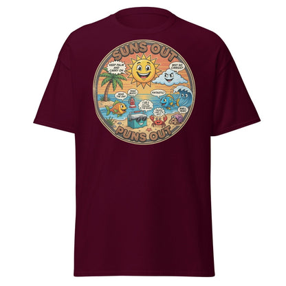 Suns Out Puns Out Funny Beach Pun T-Shirt - Maroon - TeeRipple