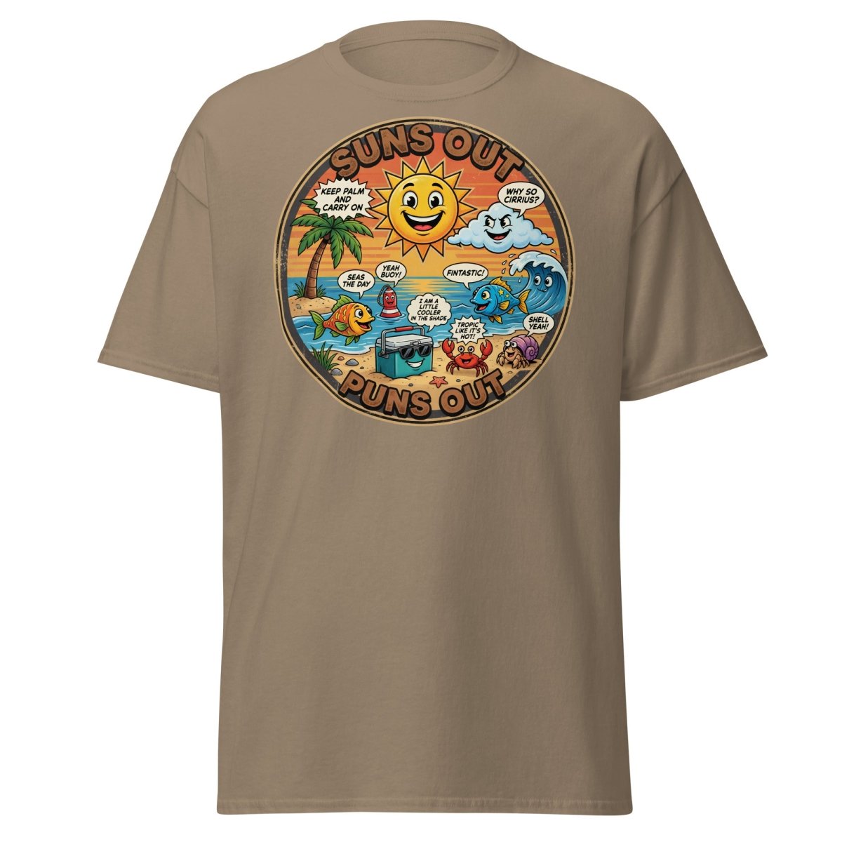 Suns Out Puns Out Funny Beach Pun T-Shirt - Brown Savana - TeeRipple